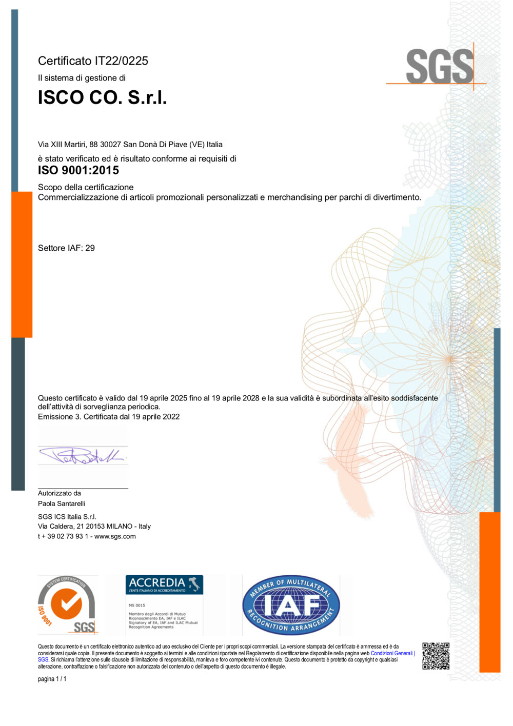 Certificato ISO 9001:2015 di ISCO Co. S.r.l. rilasciato da SGS
